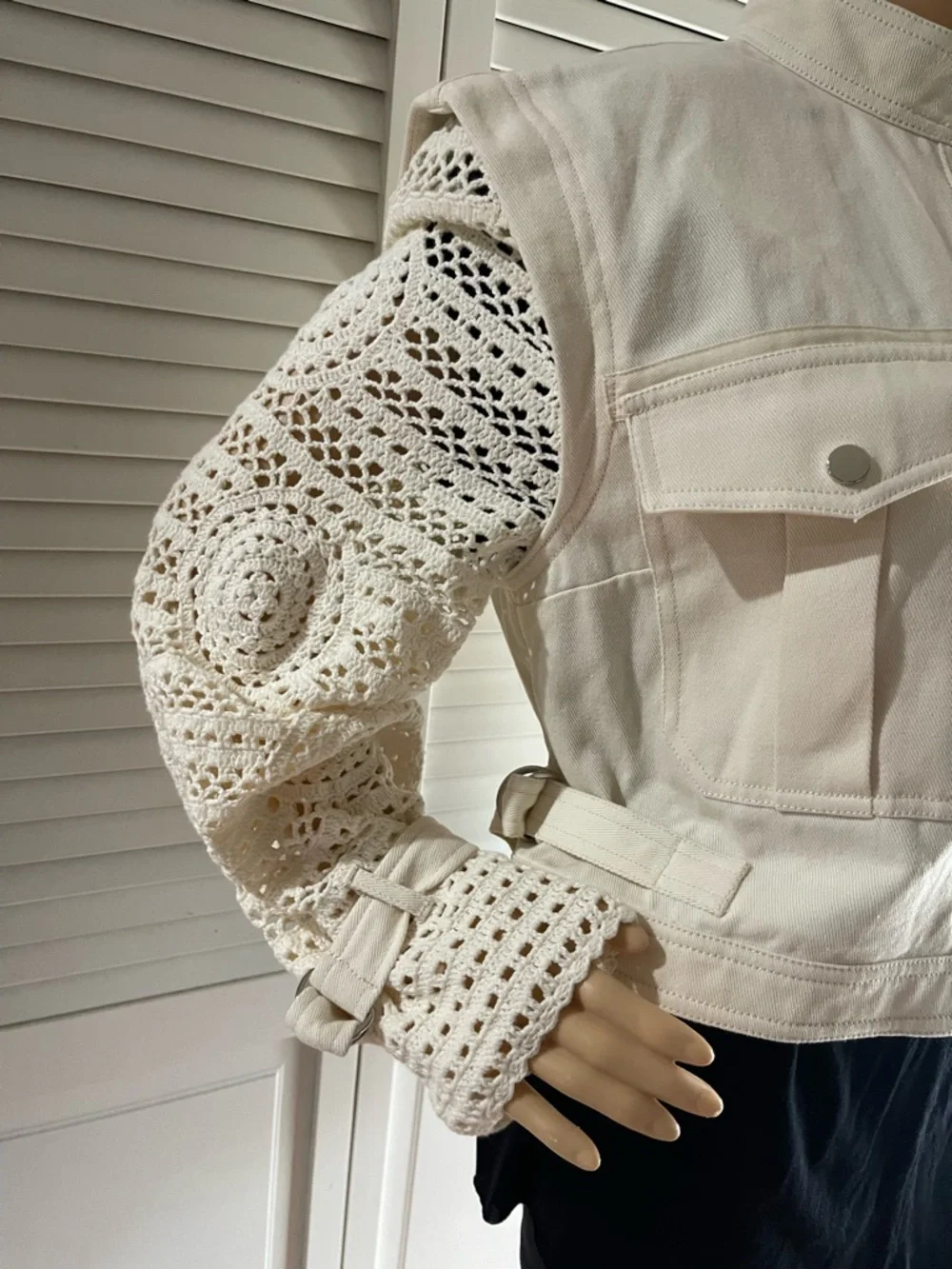 Veronica Beard Cream Crochet-Sleeve Jean Jacket - Picture 5 of 9